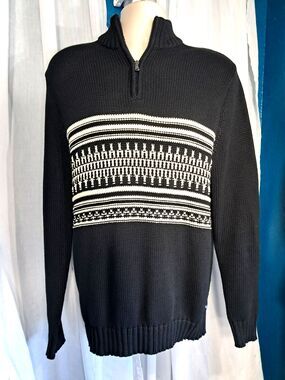 CHAPS Cable Knit Mens Medium1/4 Zip Black White Grandpa Sweater